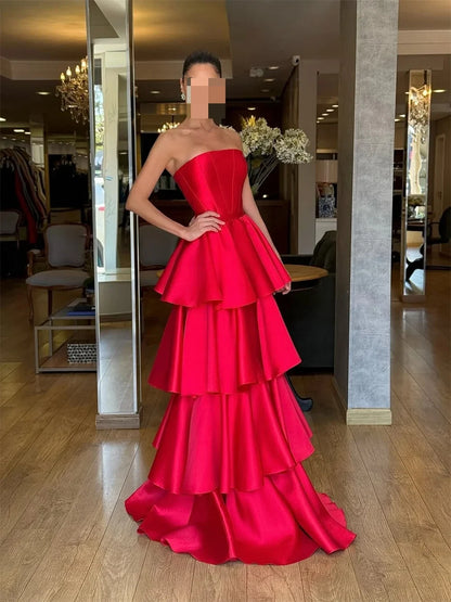Cathy Customize Red Layered Satin A-line Prom Dress Simple Strapless vestidos de noiva Elegant Floor-length Evening Dresses 2025