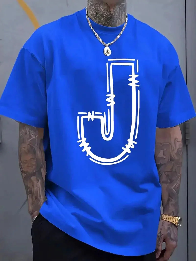 Men's Casual Cotton T-Shirt with Stylish J-Letter Print - Breathable, Comfort Fit for Spring & Summer Urban Fashion Tees for Men