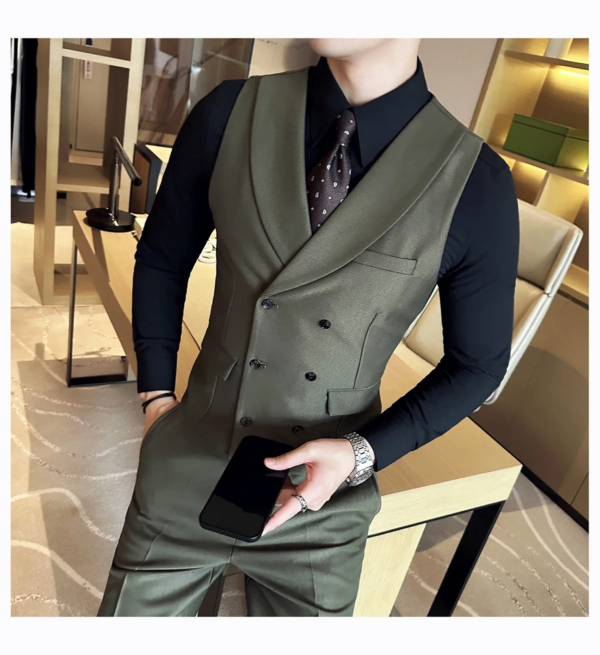 Men Luxury Double Breasted Design Solid Vest Formal Groom Wedding Dress Suit Vest Set Fashion Mens Club Singer Clothing 6XL-M