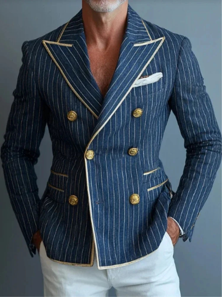 Business Stripe High-end Men Suits Slim Fit Peaked Lapel Groom Formal Prom Tuxedos Elegant Double Breasted Male Blazers