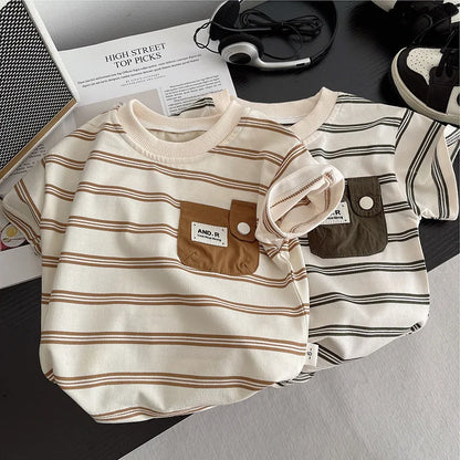 Children's Short Sleeved Round Neck Striped T-Shirt and Casual Shorts Set, Fashion Clothes, Summer, New, 0-5 Years Old
