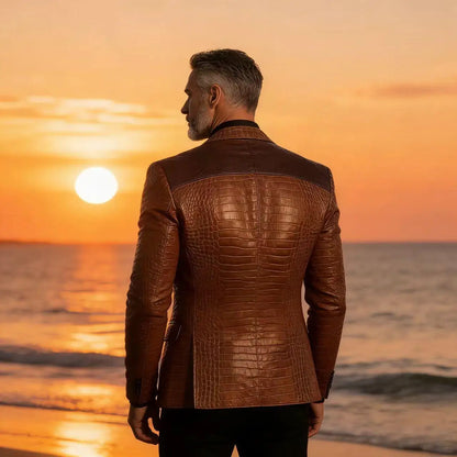 Men's Blazer Crocodile Embossed Leather Suit Jacket Shoulder Patch Notch Lapel Two Button Sport Coat Business Casual Flap Pocket