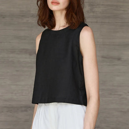 Chic Front And Back Two Wear Women Linen Tank Top 2026 Summer New Casual Short Loose 100% Linen Sleeveless Crop Tops