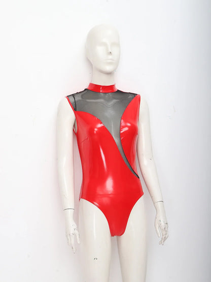 Womens Patent Leather Bodysuit Jumpsuit Sleeveless Invisible Zipper Back Mesh Patchwork Shiny Leotard for Disco Party Clubwear