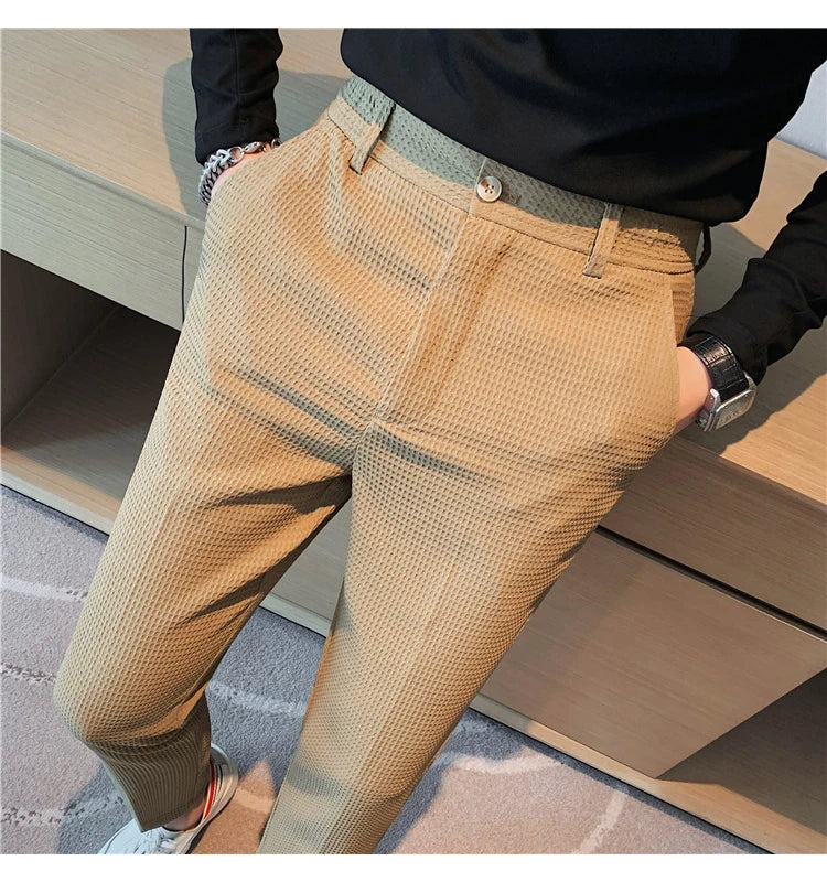 2024 Autumn New Waffle Stretch Waist Business Formal Pants Men Fashion Wedding Slim Trouser Mens Brand Social Party Suit Pants