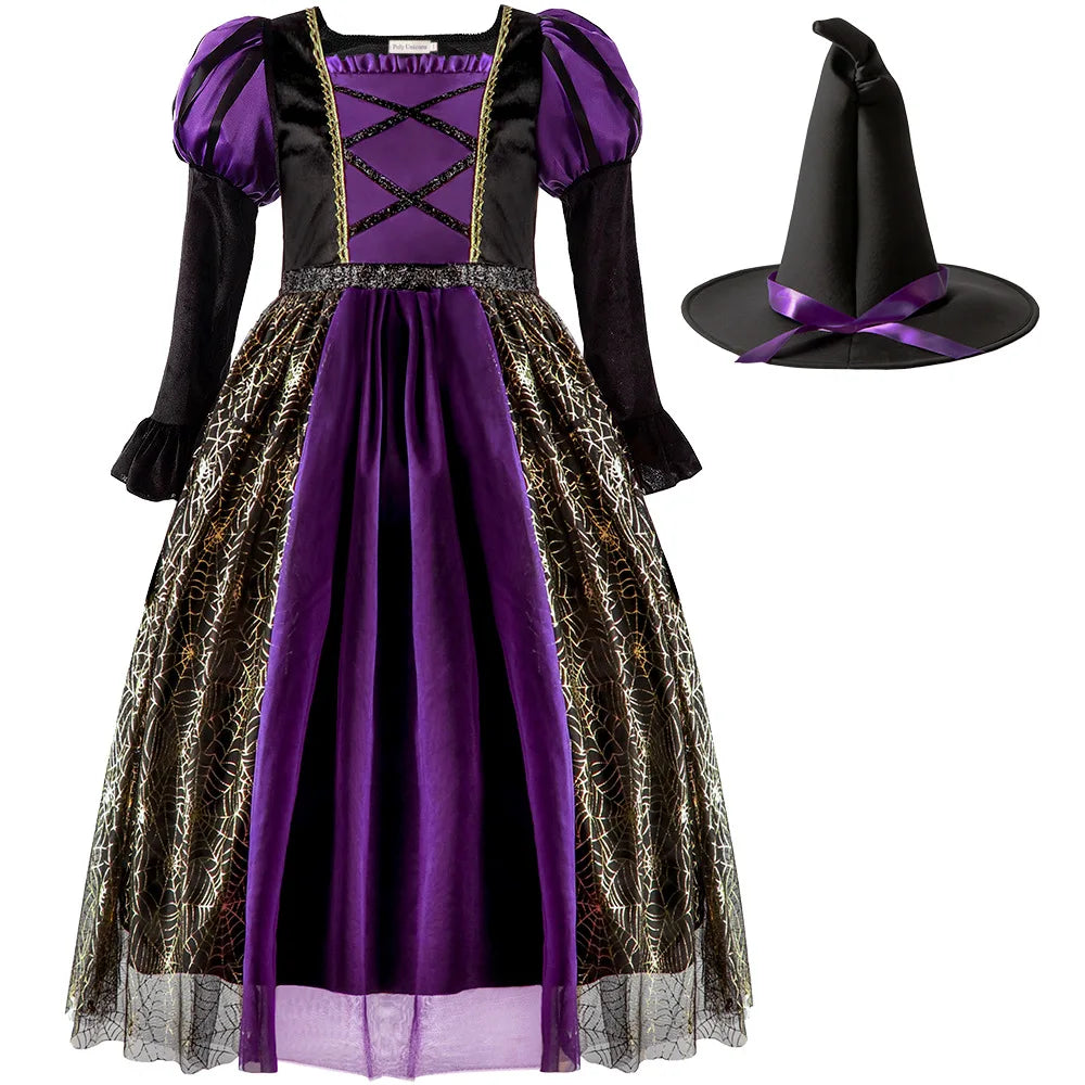 2025 Halloween Easter Festive Party Girl Cosplay Classic Witch Purple Print Long Sleeve Dress Evil Horror Set Baby Birthday Gift