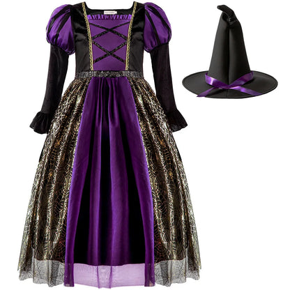 2025 Halloween Easter Festive Party Girl Cosplay Classic Witch Purple Print Long Sleeve Dress Evil Horror Set Baby Birthday Gift