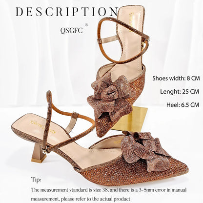2025 Large Flower Design Shoes & Bag Nigerian Coffee Color Women's Stiletto Shoes For Special Good Time INS Style