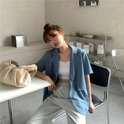 2025 Women's Summer Short-sleeved Jacket Casual All-match Loose Double-breasted Blazers Coat Woman Korean Chic White Blazer