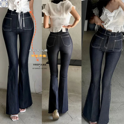 High Waist Sexy Split Denim Jeans Long Leg Lengthening Bell Bot Cotton Stretch Denim Pants for Women Spring Autumn