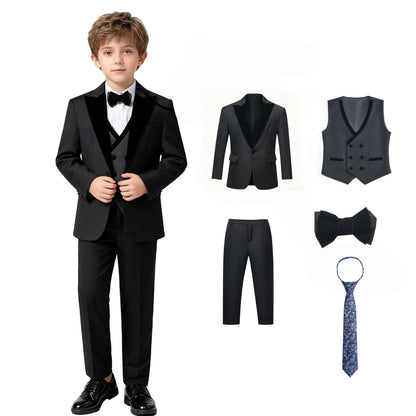Boys Formal Suit Set 5Pcs Blazer Vest Pants Bow Tie Necktie Kids Wedding Party Tuxedo 3T-14T Children Birthday Page Boy Outfit
