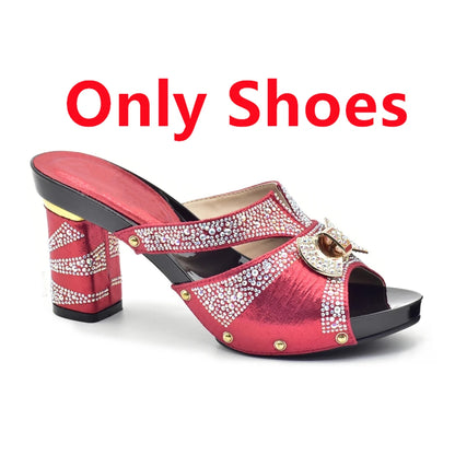 Latest Red Color Italian Ladies Shoes and Bag Sets Decorated with Rhinestone African Matching Shoes and Bags Italian In Women