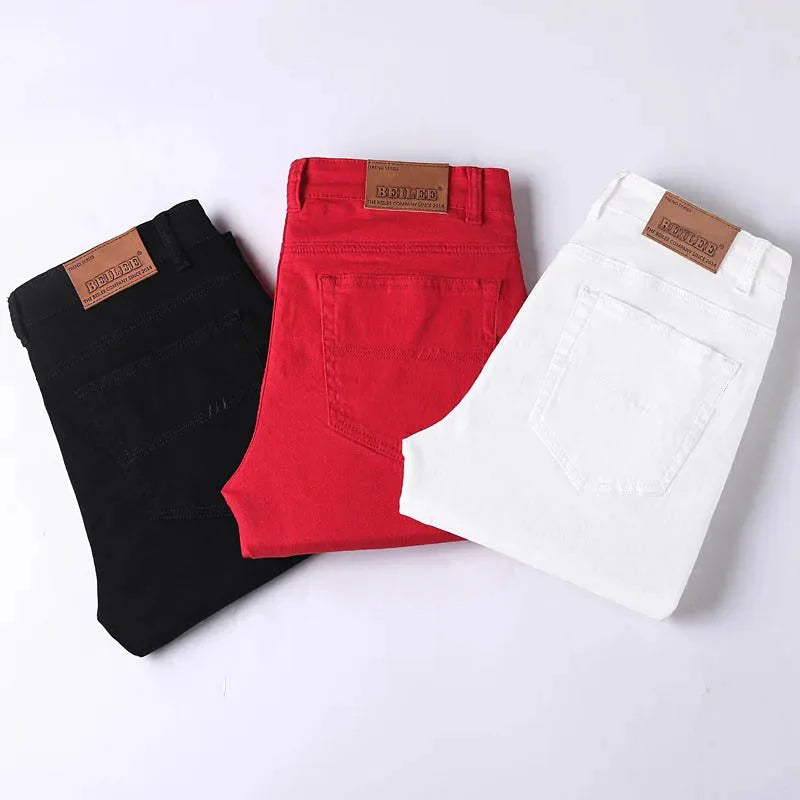 Men Classic Version Slim Stretch Trousers Clothing Red Straight Jeans Fashion High Quality Casual  Denim Pants Male 36 40