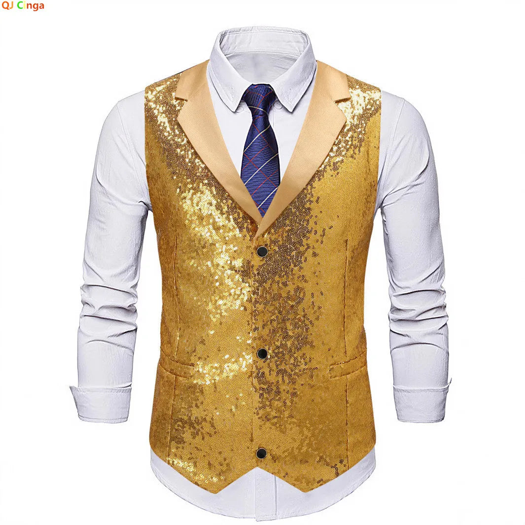 Men's Gold Sleeveless Blazer, Round Sequin-embellished Blazer Jacket, Perfect for Weddings, Parties, DJ Events, and Nightclubs.