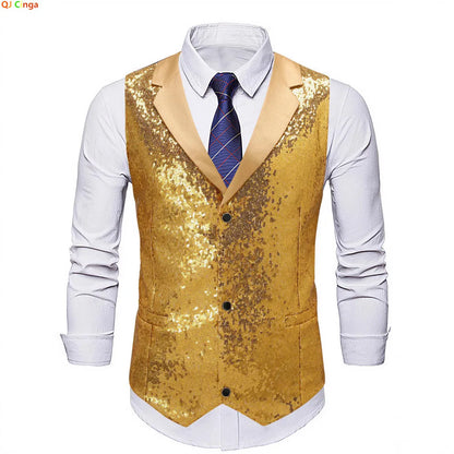 Men's Gold Sleeveless Blazer, Round Sequin-embellished Blazer Jacket, Perfect for Weddings, Parties, DJ Events, and Nightclubs.