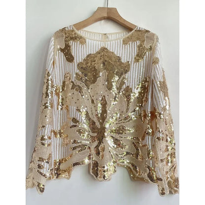 2025 Spring New Sequined Premium Outer Wear Ins Fashion Luxury Beads Long Sleeve Irregular Loose Chic T-shirt Top
