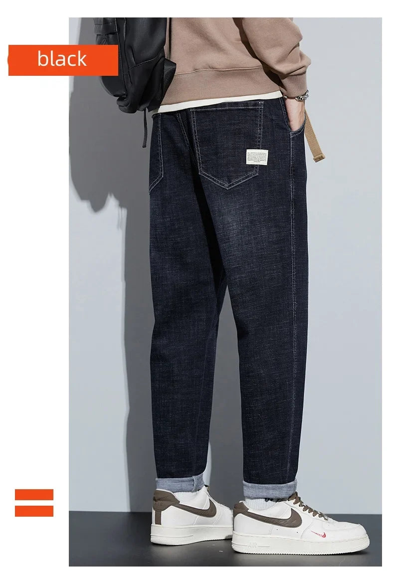 Winter Dark Blue Fleece Jeans for Men Black Loose Straight Casual Trendy Comfortable Versatile Youth Thickened Harem Pants Blue