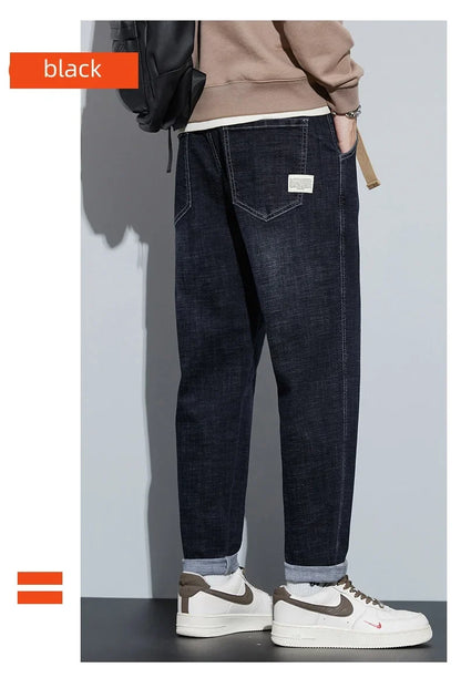 Winter Dark Blue Fleece Jeans for Men Black Loose Straight Casual Trendy Comfortable Versatile Youth Thickened Harem Pants Blue