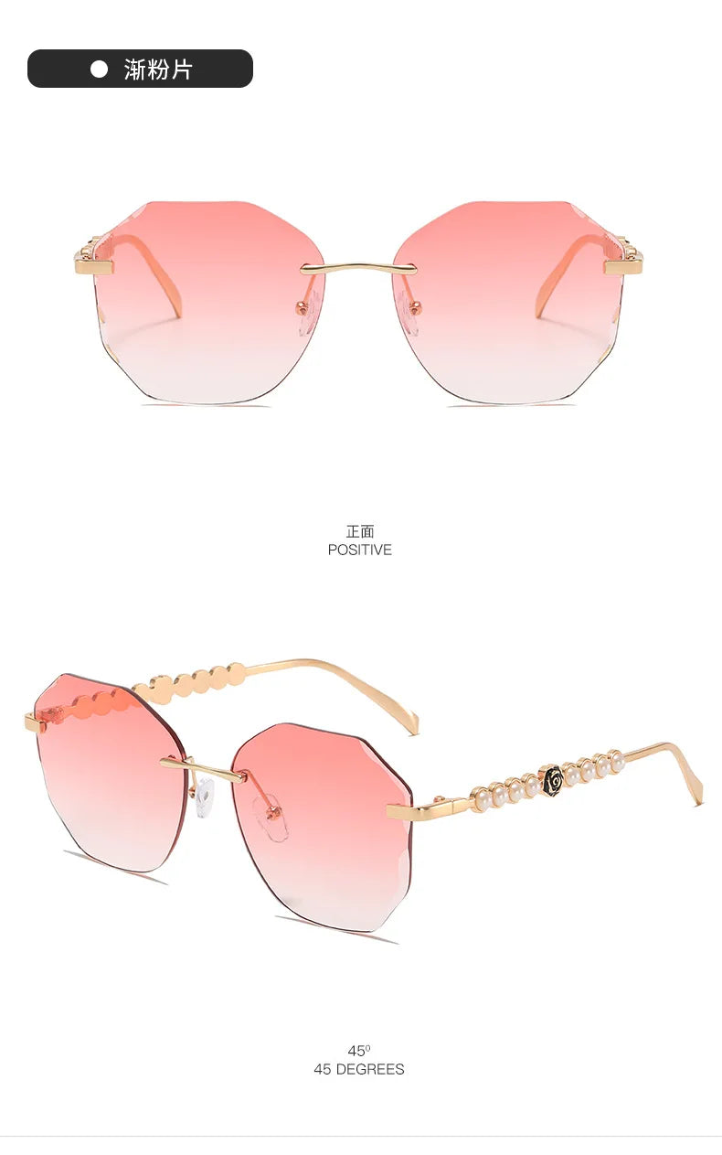 Women's Rimless Cut Edge Sunglasses Pearl Temple Gradient Lens Sun Glasses Elegant Y2K UV400 Shades Luxury Metal Fashion Eyewear