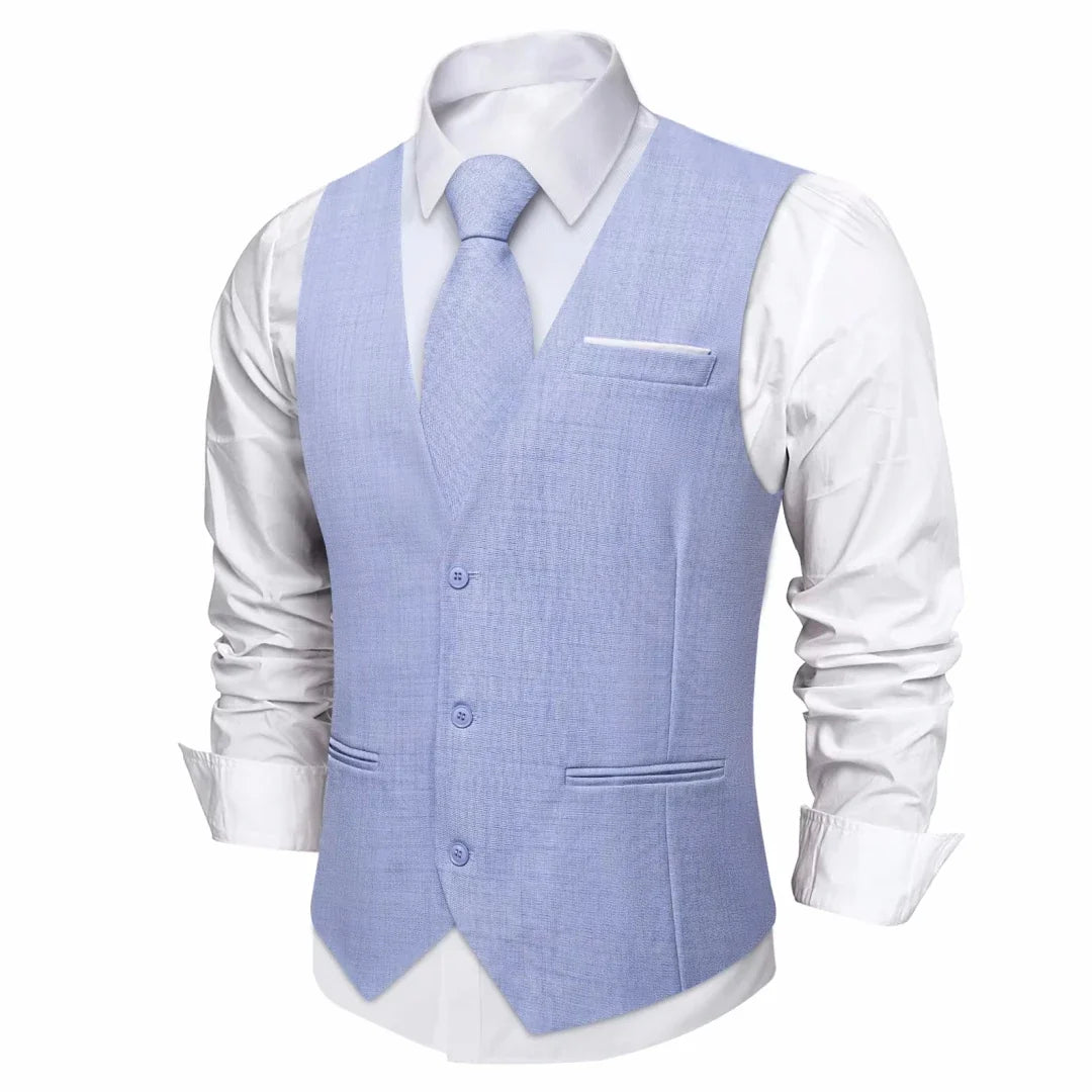 Fashion Men Vest Blue Single Breasted V Neck Solid Waistcoat For Wedding Birthday Party Prom Business Daily Casual Men Suit Vest