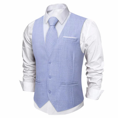 Fashion Men Vest Blue Single Breasted V Neck Solid Waistcoat For Wedding Birthday Party Prom Business Daily Casual Men Suit Vest