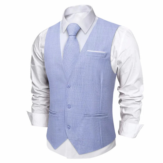 Fashion Men Vest Blue Single Breasted V Neck Solid Waistcoat For Wedding Birthday Party Prom Business Daily Casual Men Suit Vest
