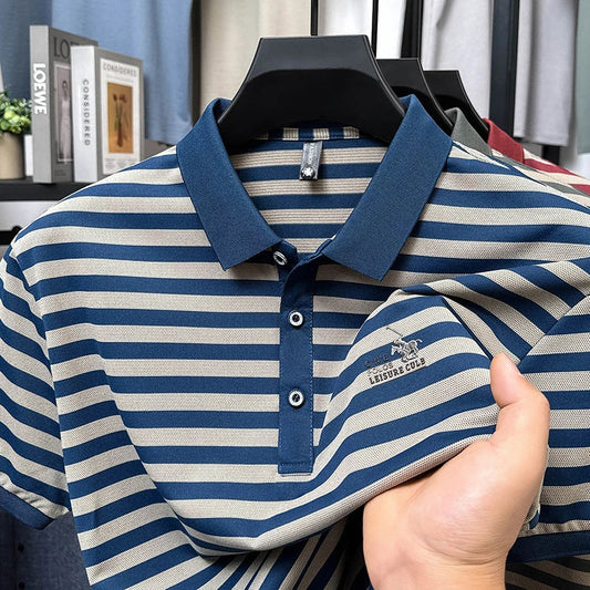 Summer High End Man Polo Shirt Striped Lapel Short Sleeve Horse Lette Print New Breathable T-Shirt Classic Commuter Menswear Top