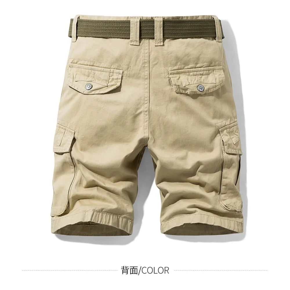Summer Cargo Shorts Men's Pure Cotton Vintage Washed Multi Pocket Casual Straight Leg Trendy Knee Length Pants Streetwear