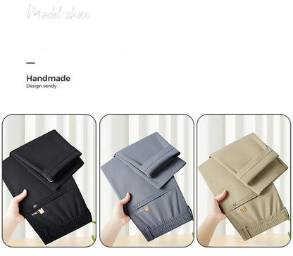 2026 Spring Summer Thin Ice Silk Suit Pants Men's Business Straight Slim High Elastic Ankle Length Casual Pants Male