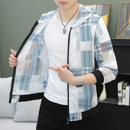 Men's Summer Mesh Sun Protection Clothing Trendy Stripe Print Ice Silk Cool Feeling Breathable Quick Dry Hooded Jacket