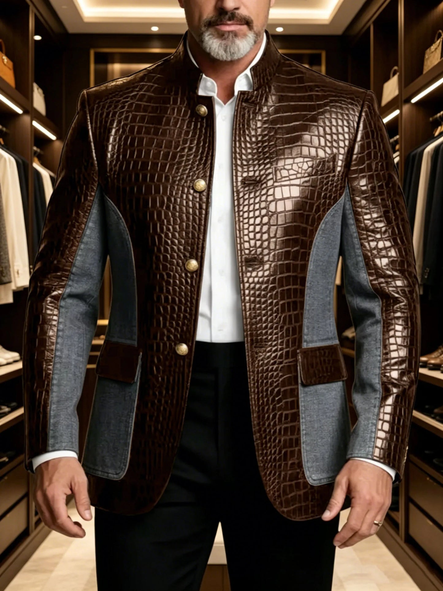Men's Crocodile Embossed Leather Brown Jacket Patchwork Denim Stand Collar Slim Fit Luxury PU Blazer For Business Casual Party