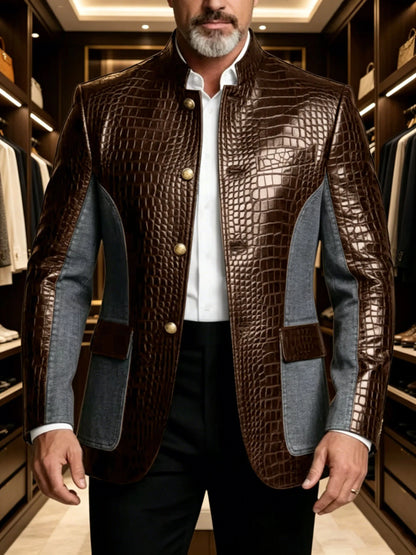 Men's Crocodile Embossed Leather Brown Jacket Patchwork Denim Stand Collar Slim Fit Luxury PU Blazer For Business Casual Party