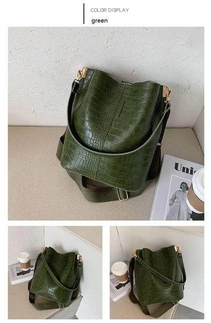 Women Bag Vintage Crocodile Pattern Crossbody Bags for Women PU Leather Trend Designer Shoulder Handbags Large Capacity Bucket