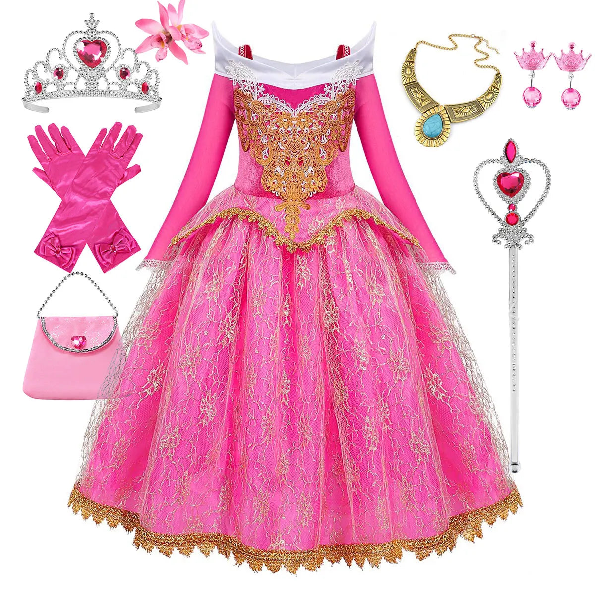 Exquisite Princess Ball Gown Sleeping Beauty Fairy Tale Costume Play Lace Gold Rim Deluxe Christmas Aurora Party Dress 2 4 6 8Yr