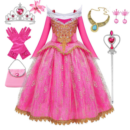 Exquisite Princess Ball Gown Sleeping Beauty Fairy Tale Costume Play Lace Gold Rim Deluxe Christmas Aurora Party Dress 2 4 6 8Yr