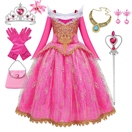 Exquisite Princess Ball Gown Sleeping Beauty Fairy Tale Costume Play Lace Gold Rim Deluxe Christmas Aurora Party Dress 2 4 6 8Yr