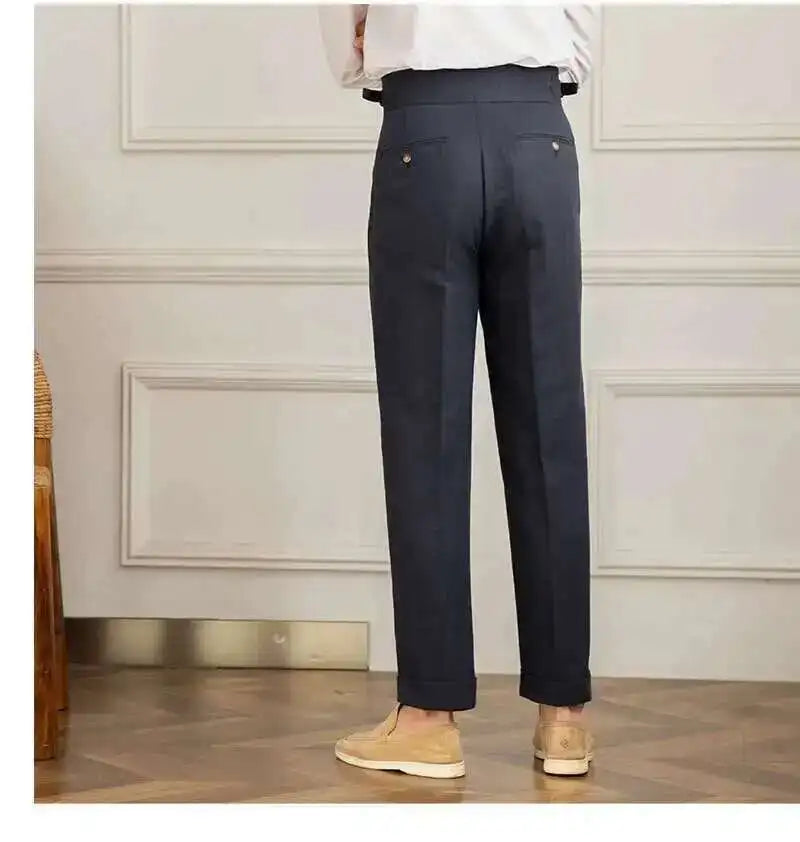 Linen Cotton High Waist Straight Casual Pants Men Versatile Naples Gentleman Pleated Pants High Quality Italian Dress Trousers