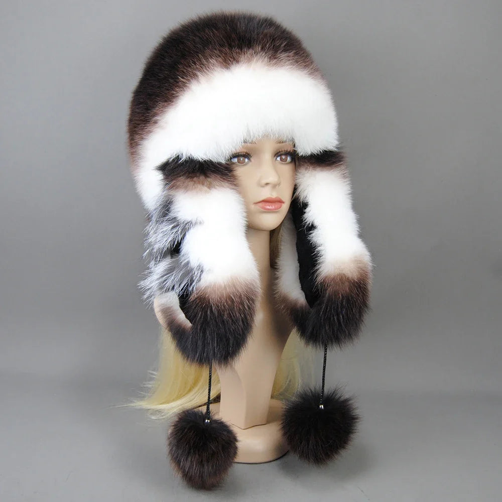 Hot Sale Lady Winter Warm Luxury 100% Natural Fox Fur Hat Fashion Fluffy Fox Fur Rex Rabbit Fur Caps Women Real Fur Bomber Hats