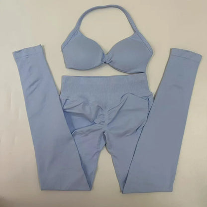 2pcs Seamless Yoga Set Women Yoga Scrunch Leggings Set Strappy Halter Sports Bra Fitness Gym Clothing Workout Set
