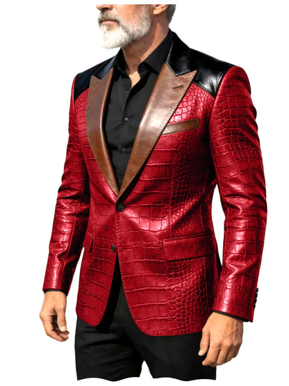 Men's Crocodile Embossed Leather Blazer Luxury Patchwork PU Leather Suit Jacket Slim Fit Peaked Lapel Casual Business Outerwear