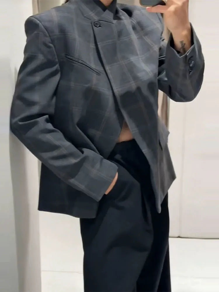 Women Fashion Plaid Blazer Coat Stand Collar Long Sleeve Jacket 2026 Spring Trend Casual Office Lady Chic Outerwear