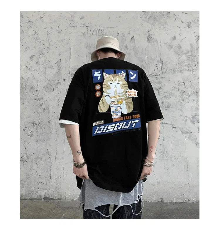 Harajuku Cat Cartoon Eating Noodles Graphic Men Women Tshirts Casual Short Sleeve Tees Japan Style Oversized T Shirt Clothing