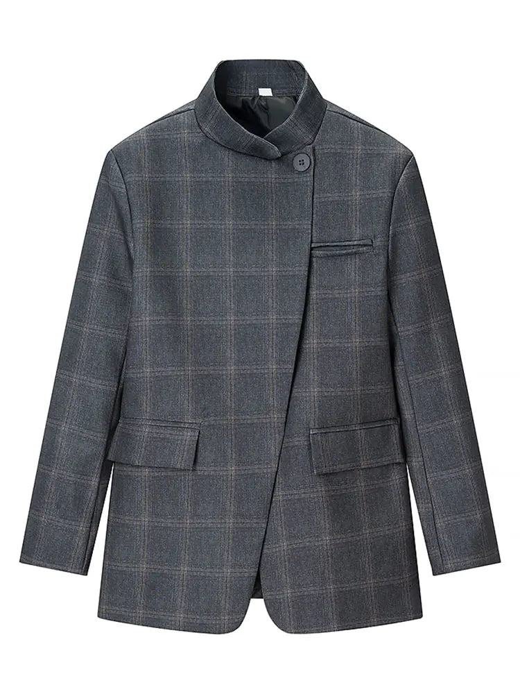 Women Fashion Plaid Blazer Coat Stand Collar Long Sleeve Jacket 2026 Spring Trend Casual Office Lady Chic Outerwear