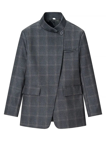 Women Fashion Plaid Blazer Coat Stand Collar Long Sleeve Jacket 2026 Spring Trend Casual Office Lady Chic Outerwear