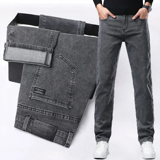 Spring New Men's Slim Fit Elastic Jeans Fashion Gray Comfortable Casual Denim Pants Korean Business Work Straight Black Trousers