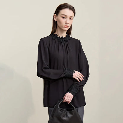 Women's Blouse 2026 Autumn New Elegant Commuter Lace Splicing Chiffon Shirt O-Neck Loose Pullover Tops For Woman 12621067