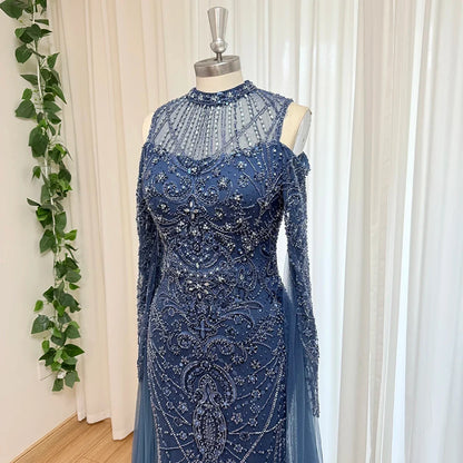 Luxury Beaded Evening Dress Cape Sleeve Dubai Sheer Neck Mermaid Formal Prom Wedding Party Gown Customized 2026