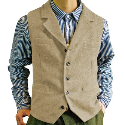 Men Vest Brown Single Button With Lapel Solid Waistcoat For Wedding Banquet Business Office Work Casual Daily Men Suit Vest