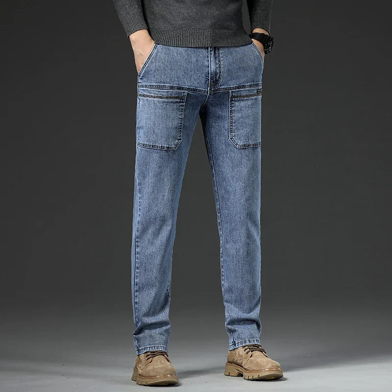 6 Pocket Design Denim Jeans Men's 2025 New High Elasticity Denim Casual Trousers Straight Male Pants Fashion Mid-waist Jeans