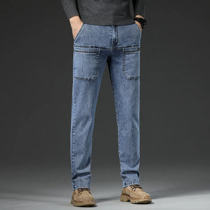 6 Pocket Design Denim Jeans Men's 2025 New High Elasticity Denim Casual Trousers Straight Male Pants Fashion Mid-waist Jeans